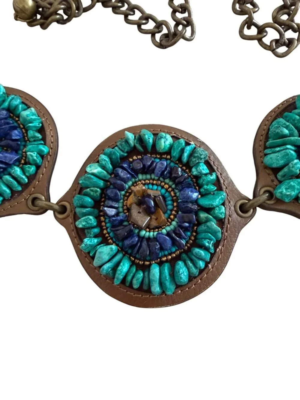 Chicos Womens Beaded Stone Medallion Chain Belt One Size Blue Southwestern